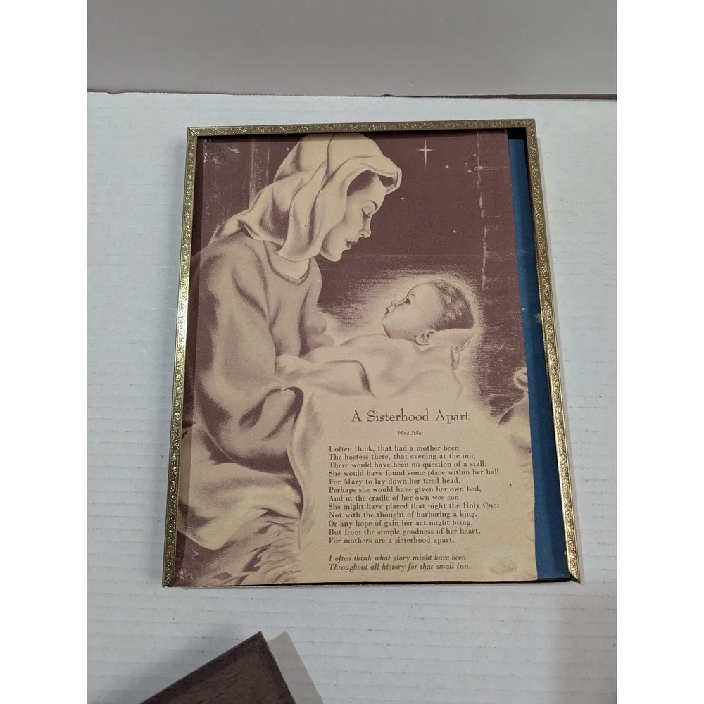 Vintage Gold‎ Tone Metal 8x10 Frame with Religious Prints Nativity Poem Art